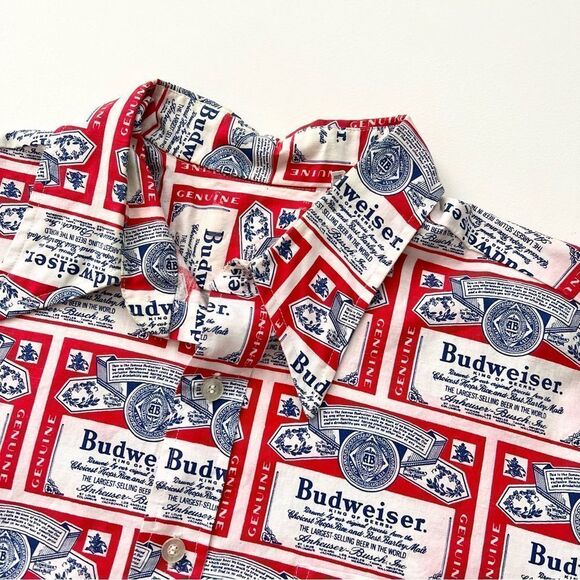 Vintage 60s 70s Budweiser Beer Label Line Union AOP Pop Art Polo Shirt Hawaiian. - Picture 3 of 12